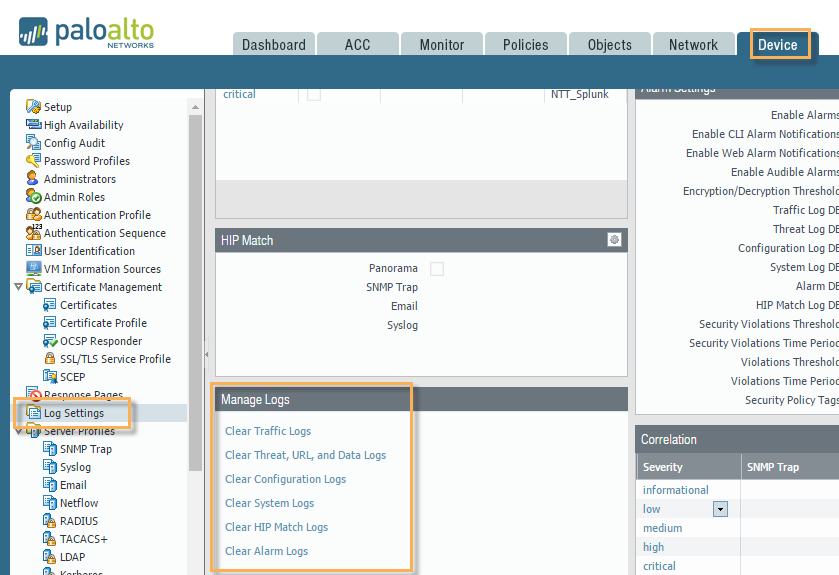 PAN-OS 7.1 showing the Log Settings - Manage Logs screen.