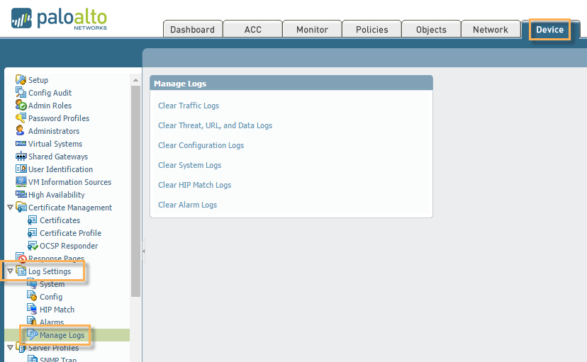 PAN-OS 6.0,6.1,7.0 showing the Manage Logs screen.