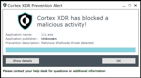 Figure 10. End user notification for the prevention of CobaltStrike