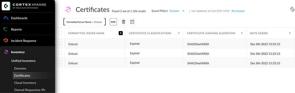 Figure 1: Identify all your Entrust-issued certificates automatically with Xpanse