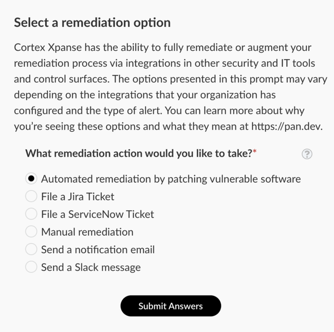 Fig 3: Remediation action options show in Cortex Xpanse UI