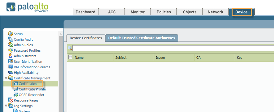 Certificate screen in PAN-OS 6.0,6.1 and 7.0