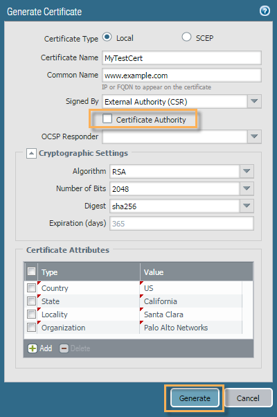 PAN-OS 7.1 Generate Certificate screen