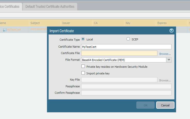Import Certificate window PAN-OS 7.1