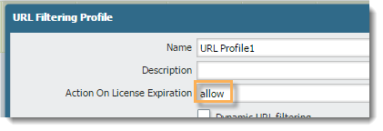 URL Filtering profile showing  Action on License Expiration