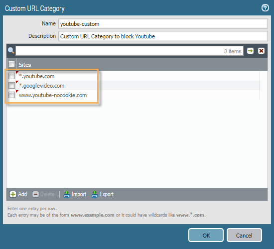 Custom URL Category showing the needed domains.