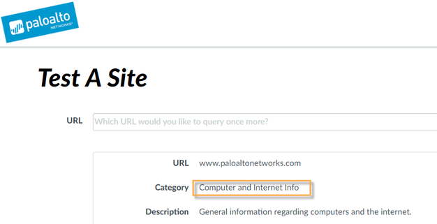 Palo Alto Network's test a site showing the URL category