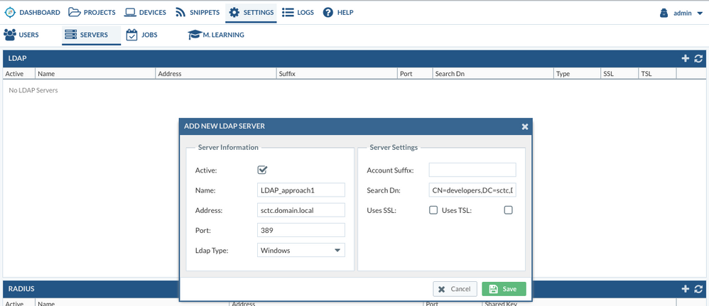 View of  Approach 1 to Add New LDAP Server using the address sctc.domain.local.