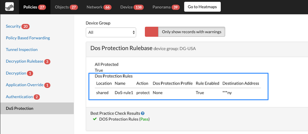 DoS Protection Rulebase BPA report with Dos Protection Rules highlighted.