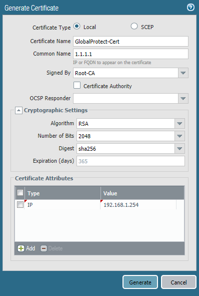 GlobalProtect Generate Certificate