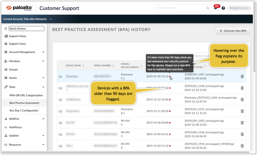 View of Best Practice Assessment (BPA) History page - Asset Notification