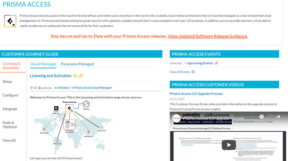 Screenshot of new Prisma Access - Customer Journey Guide area