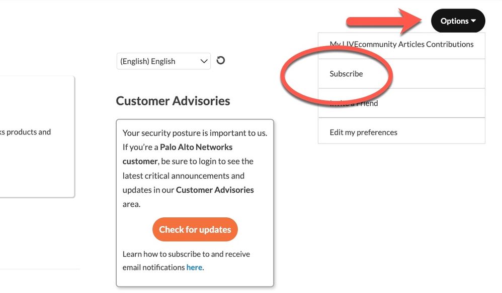 Select "options" to subscribe to the Customer Advisories area