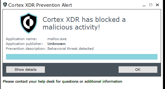 Figure 13. End user notification for blocking the Mallox execution.