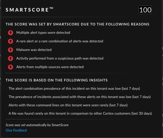 Explainability in Cortex SmartScore helps an analyst understand why a priority score was given.